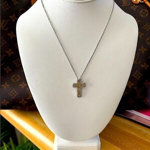 NEW White Gold Filled Synthetic Diamond Citrine Cross‎ Pendant Necklace, 16-18”